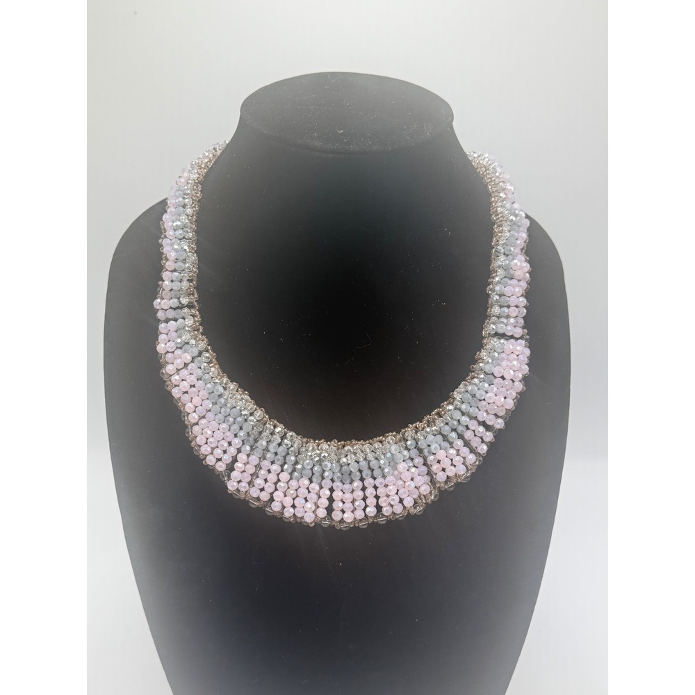Nakamol Beaded Bib Necklace Pink Grey Clear Glass Statement Collar‎ Handcrafted